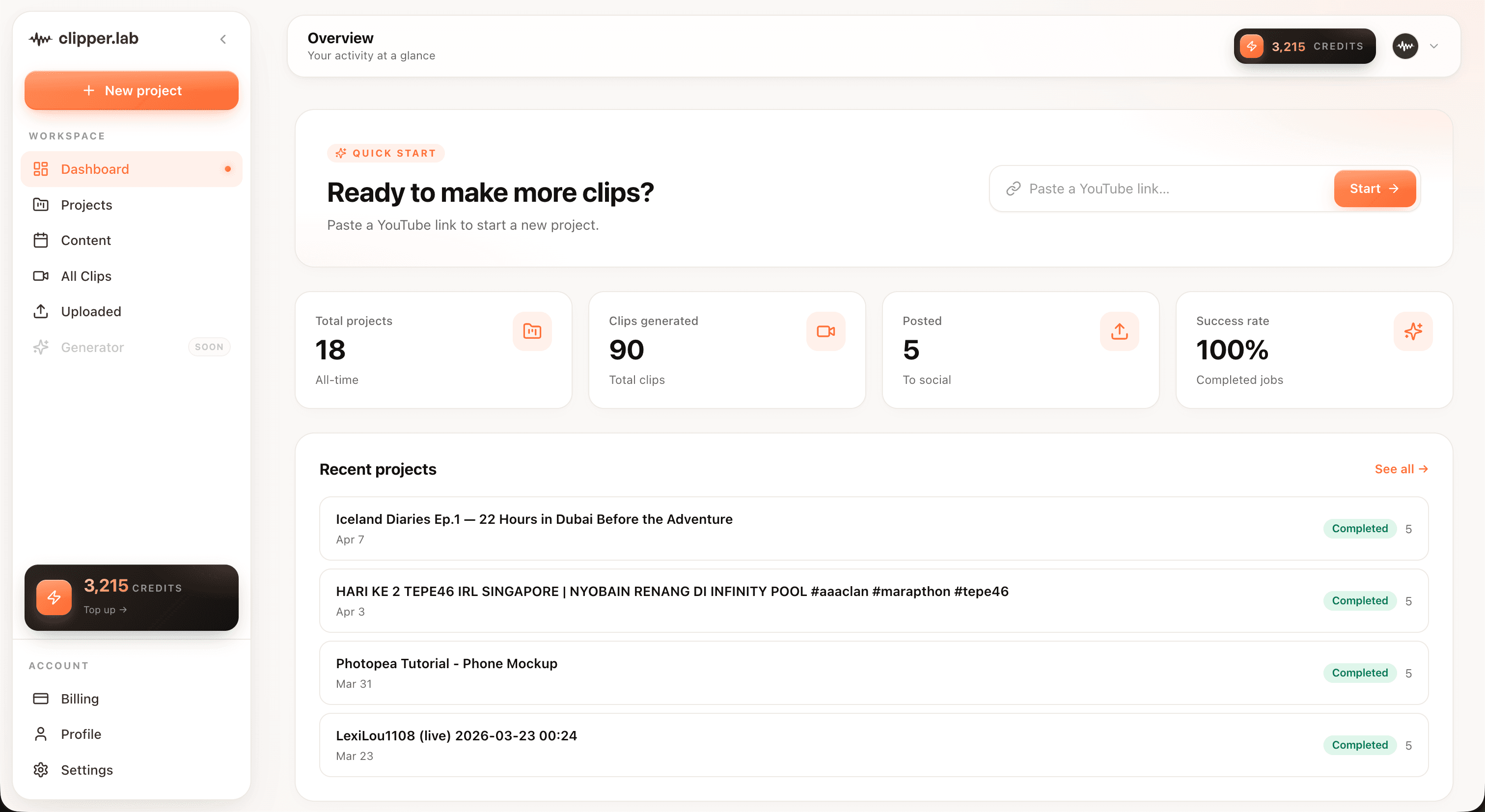 Clipper Lab dashboard